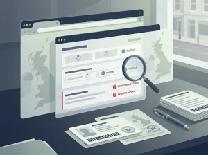 Abstract UK gambling licence register check on a desk